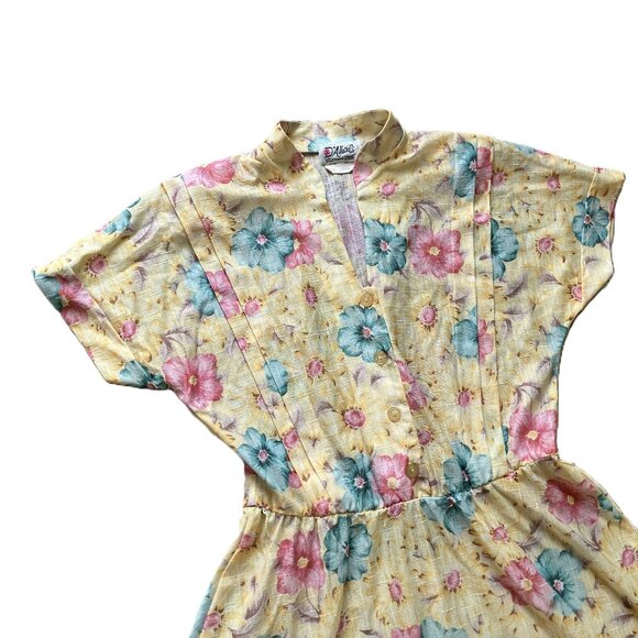 D'Allaird's Yellow Midi Dress Floral Print Short Sleeves Vintage 80s - Picture 4 of 8